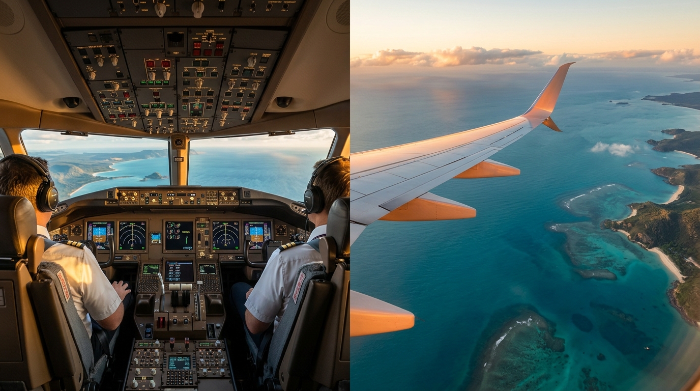 Commercial flight deck overlooking Australia and New Zealand coastline